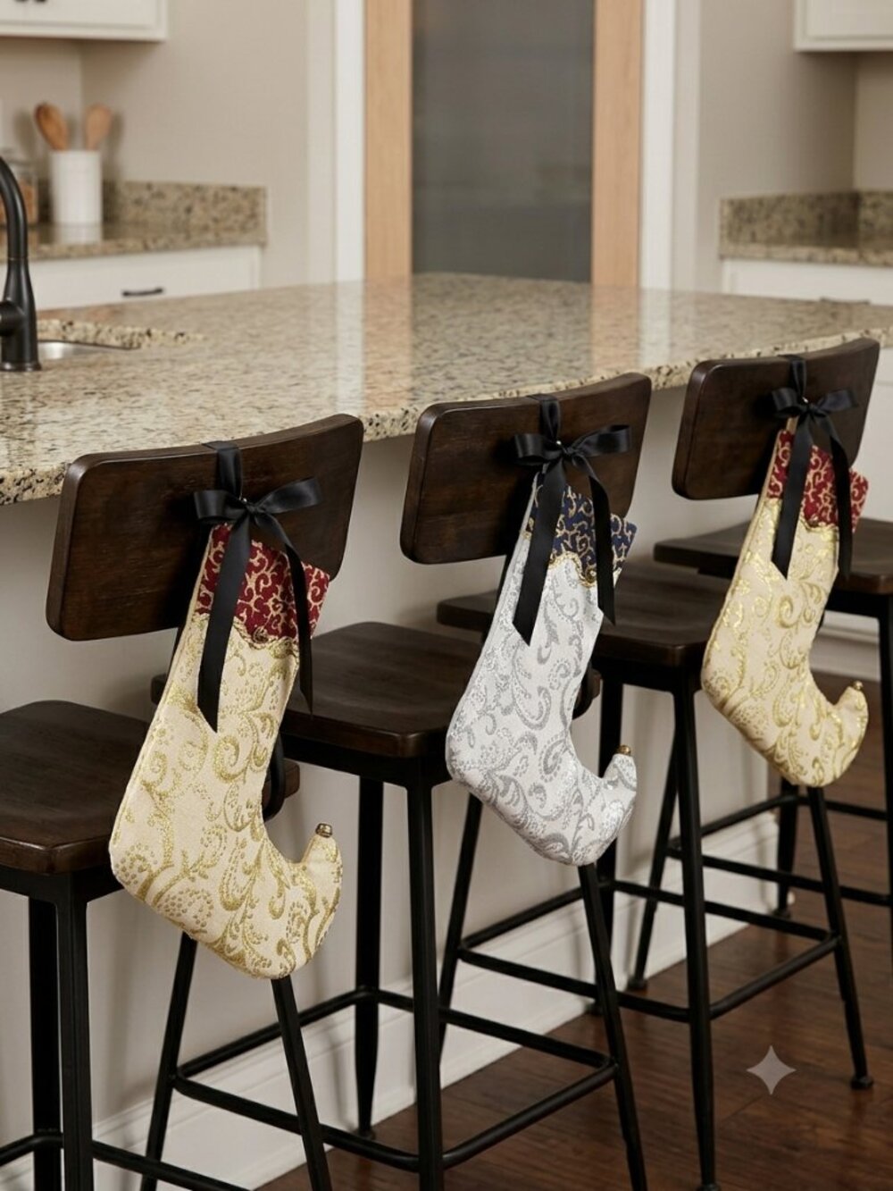 Trio of Whimsical Victorian Brocade Elf Toe Christmas Stockings Jingle Bells Set